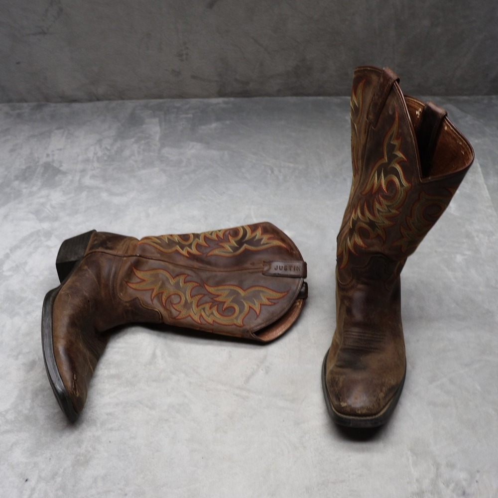 Justin Mens 10.5D Boots Brown Leather Stampede Apache Square‎ Toe Cowboy Pull-On
